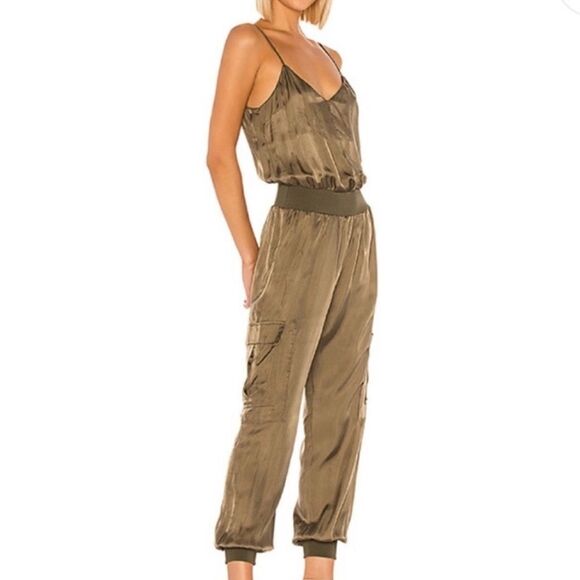 Cinq a Sept- Amia Olive Green Tank Satin Jumpsuit Cargo Pockets, Size XL - Picture 4 of 15